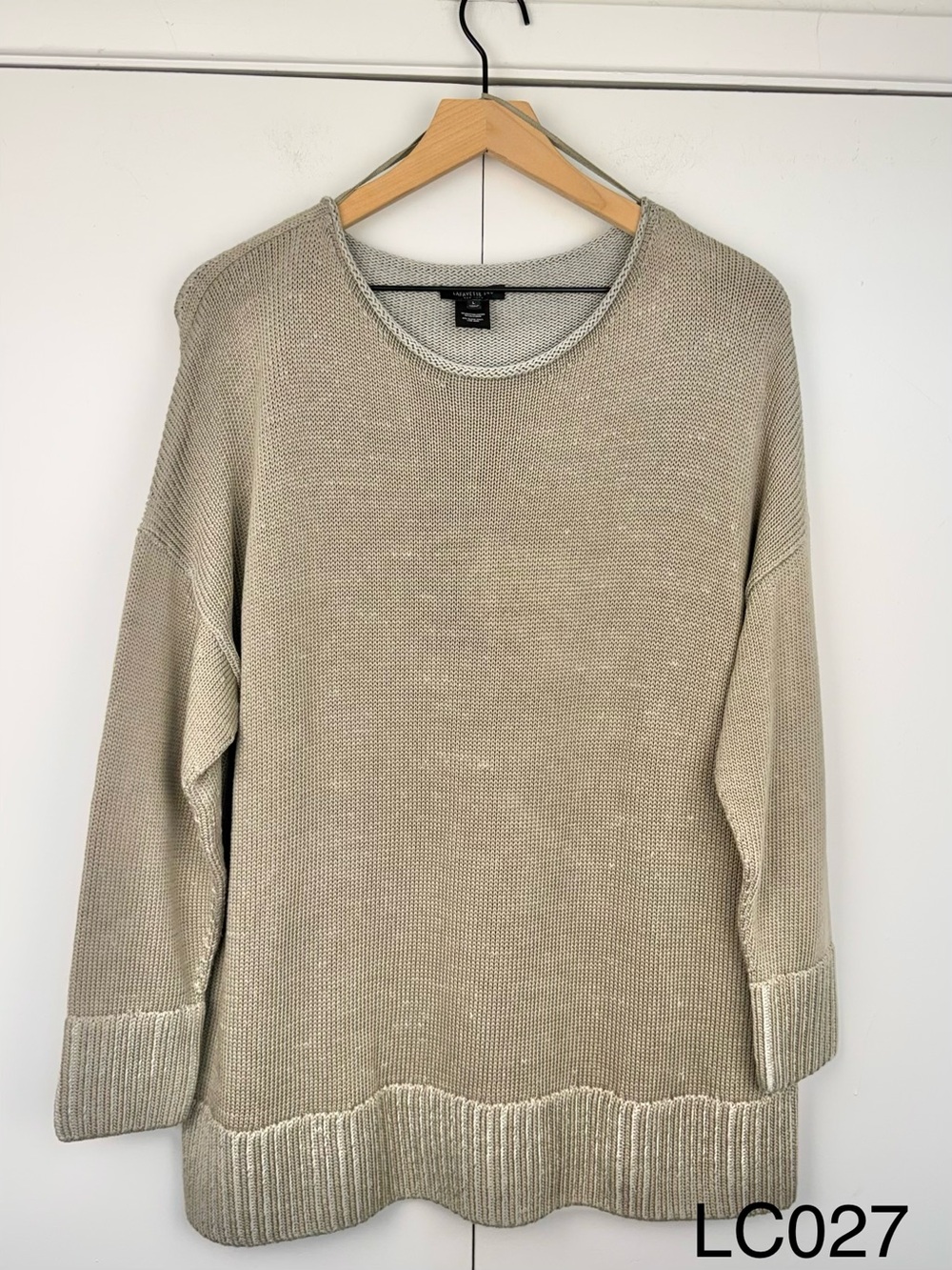 Lafayette 148 Cotton Silk Oversized Knit Sweater Taupe L